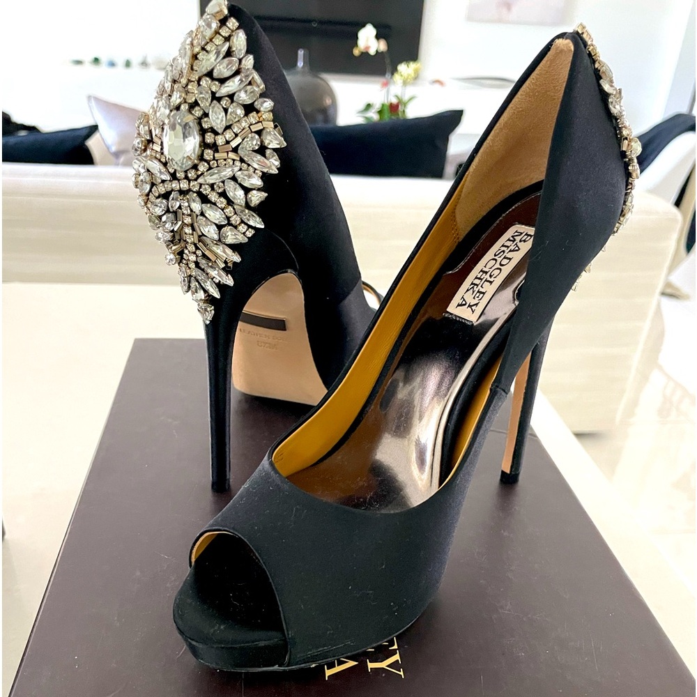 Black satin peep toe, crystal stones on back.